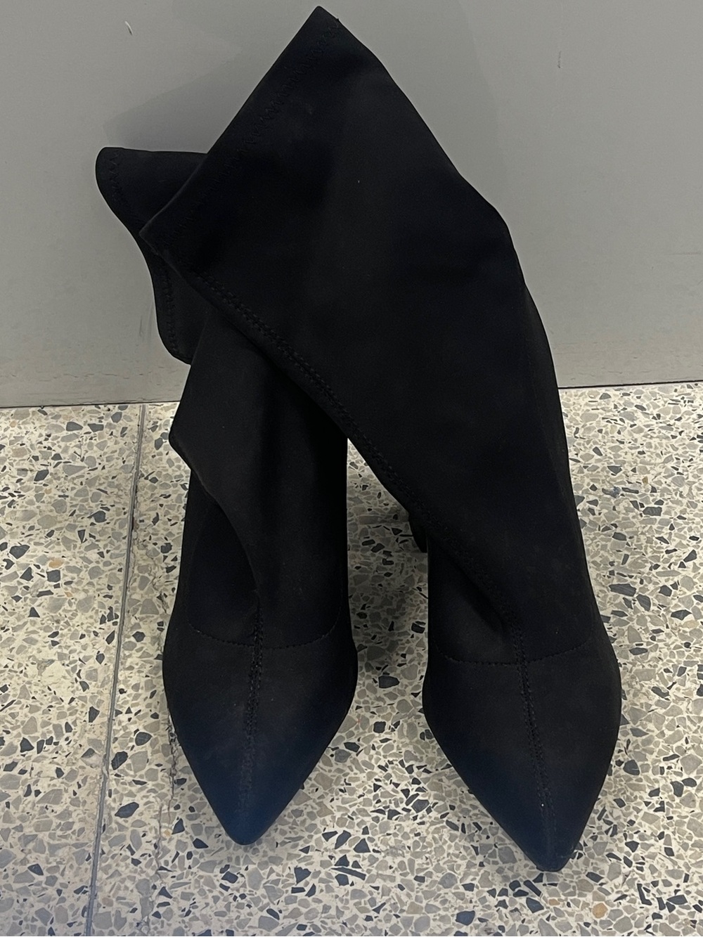 Women's Black Stretch Sock Pointed Toe Boot with Block Heel